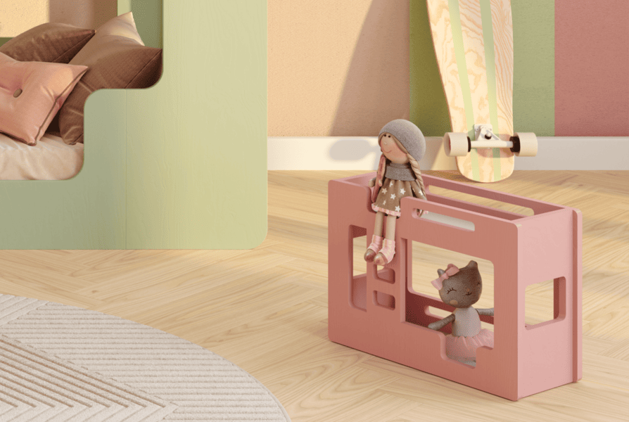 Drewniane łóżko piętrowe dla lalek wykonane ze sklejki sosnowej w kolorze różowym